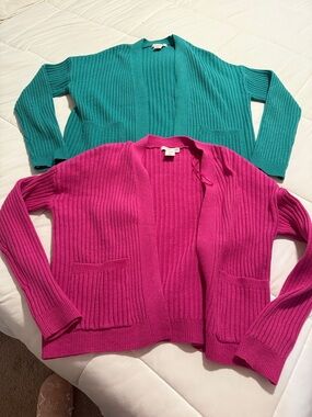 Women's Ribbed Open-Front Cardigan Sweater - Pink and Green